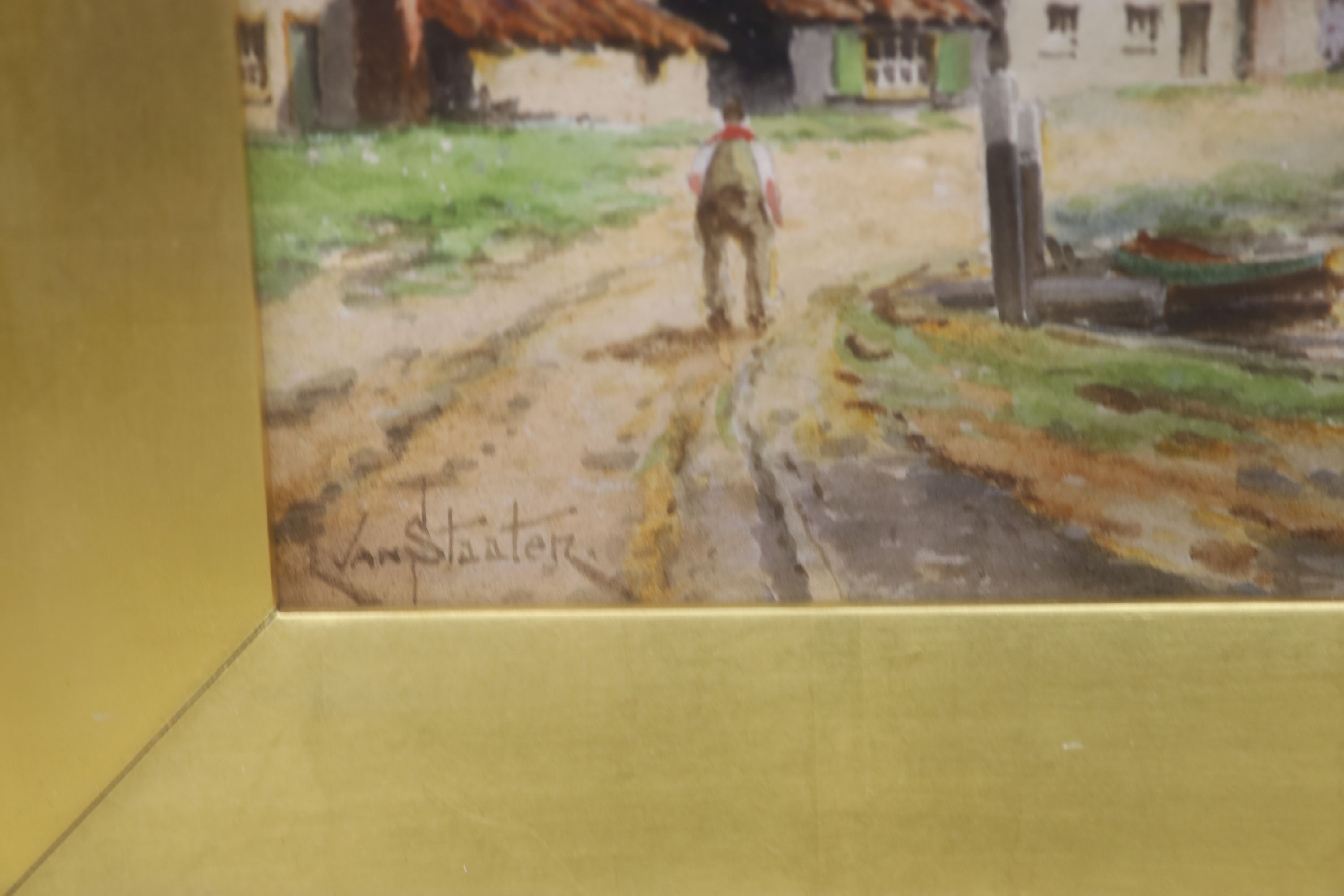 Louise Van Staten, watercolour, Estuary scene with church and windmills, signed, 29 x 39cm